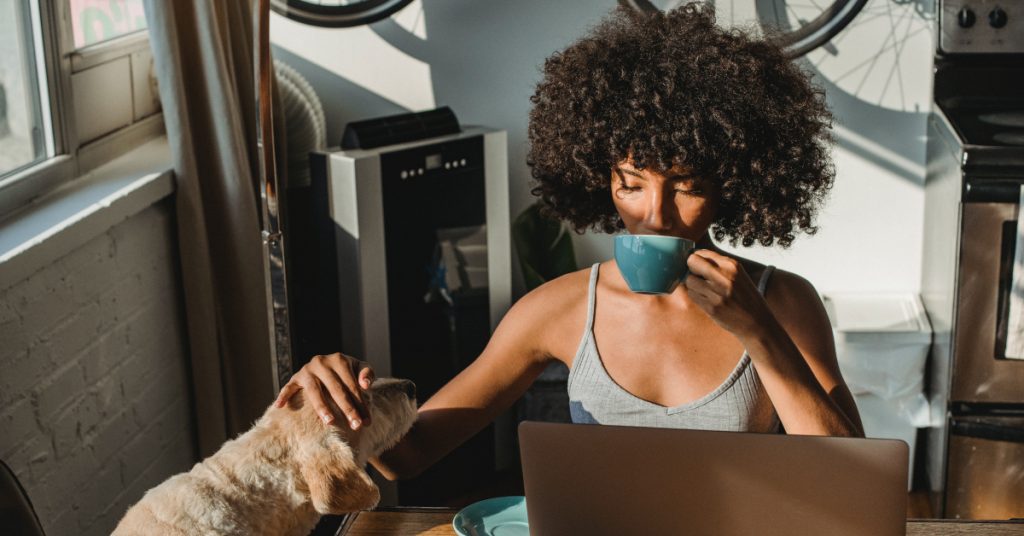 girl drinking coffee with laptop banner