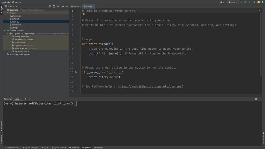 the terminal with pycharm