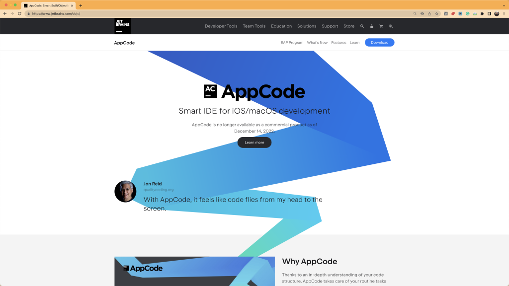 תמונת מסך של הדף ממנו מורידים את AppCode באתר של JetBrains
